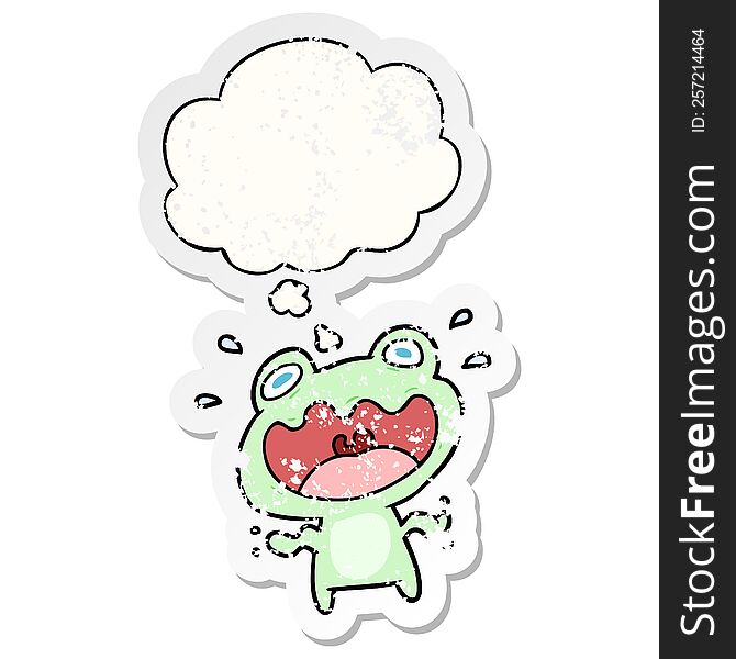 Cartoon Frog Frightened And Thought Bubble As A Distressed Worn Sticker