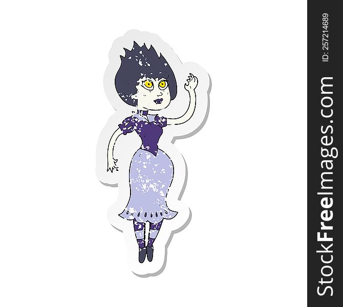 Retro Distressed Sticker Of A Cartoon Vampire Girl Waving