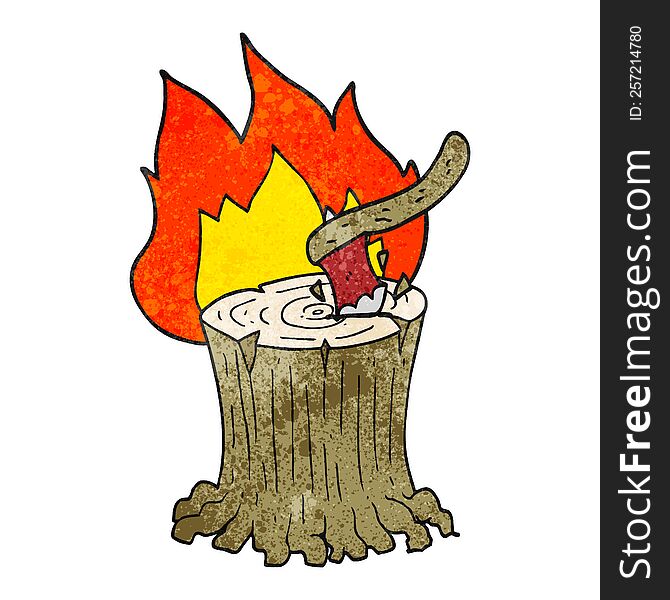 freehand textured cartoon axe in a flaming tree stump. freehand textured cartoon axe in a flaming tree stump