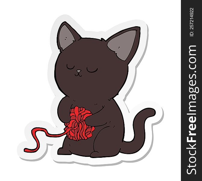 sticker of a cartoon cute black cat playing with ball of yarn