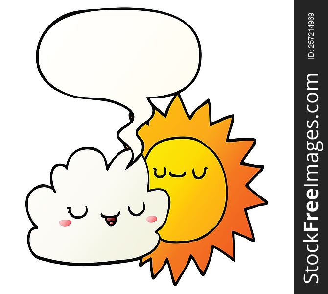 Cartoon Sun And Cloud And Speech Bubble In Smooth Gradient Style