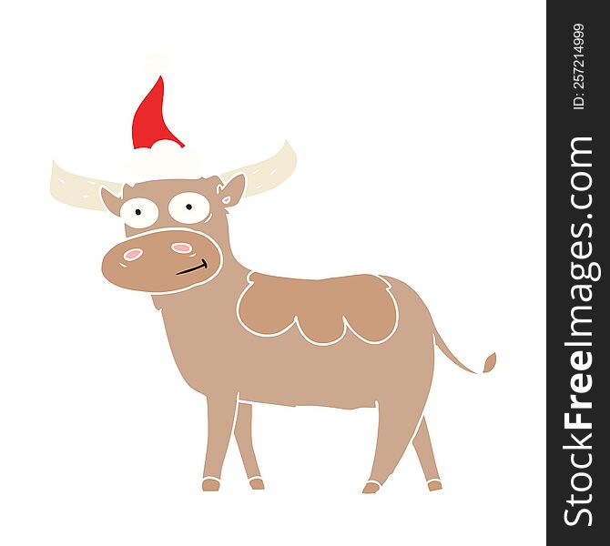 hand drawn flat color illustration of a bull wearing santa hat