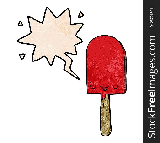 cartoon ice lolly with speech bubble in retro texture style