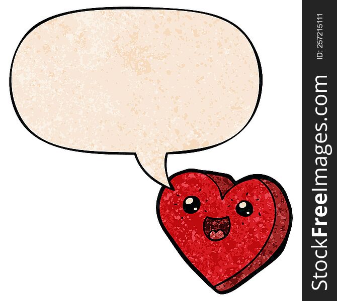 heart cartoon character and speech bubble in retro texture style