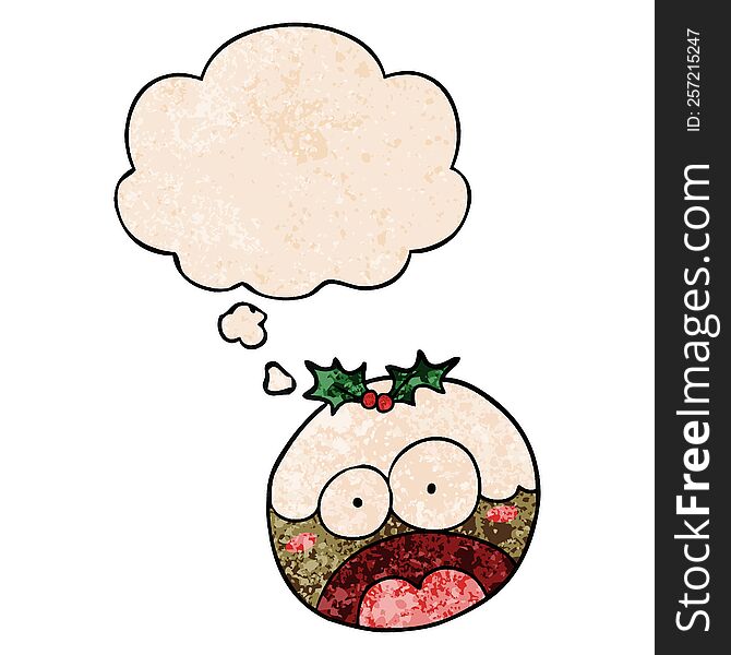 cartoon shocked chrstmas pudding with thought bubble in grunge texture style. cartoon shocked chrstmas pudding with thought bubble in grunge texture style