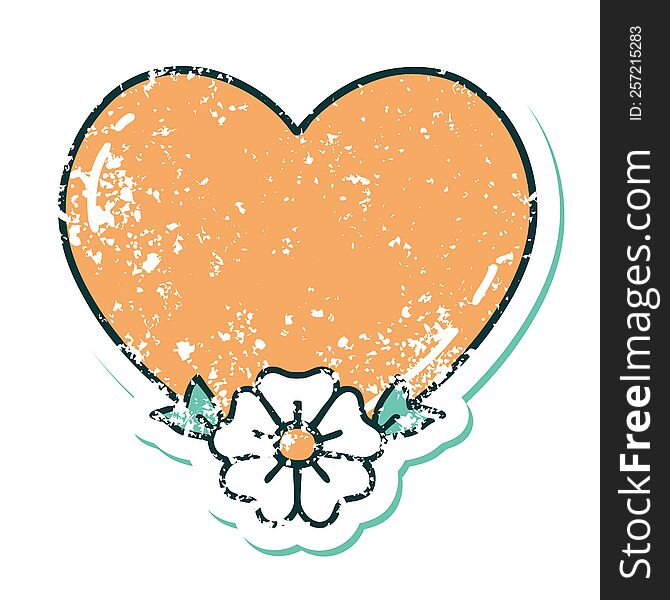 Distressed Sticker Tattoo Style Icon Of A Heart And Flower