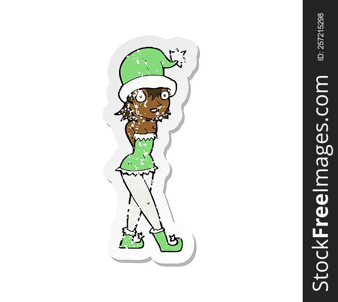 Retro Distressed Sticker Of A Cartoon Woman In Christmas Elf Costume