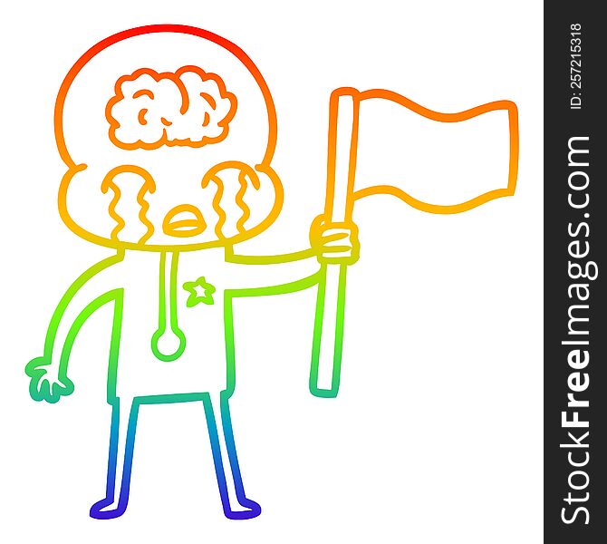 rainbow gradient line drawing of a cartoon crying big brain alien waving a flag