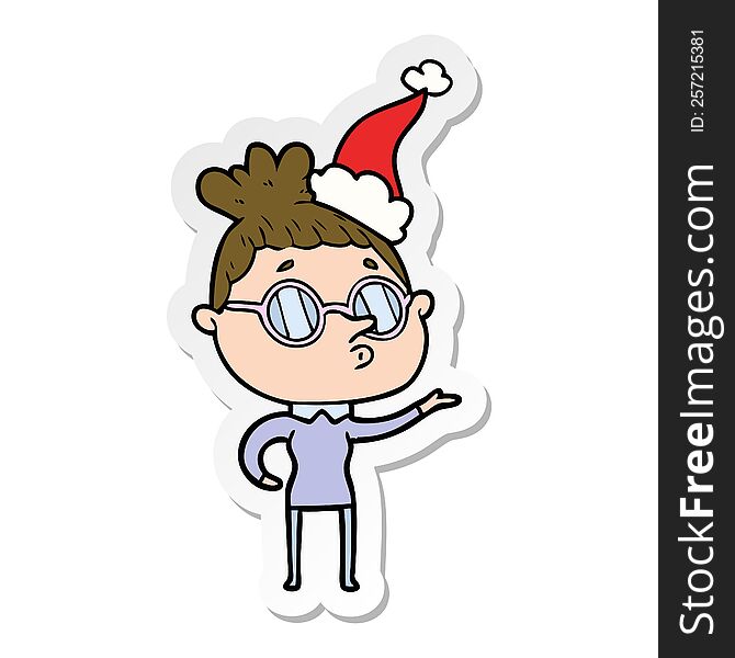 sticker cartoon of a woman wearing glasses wearing santa hat