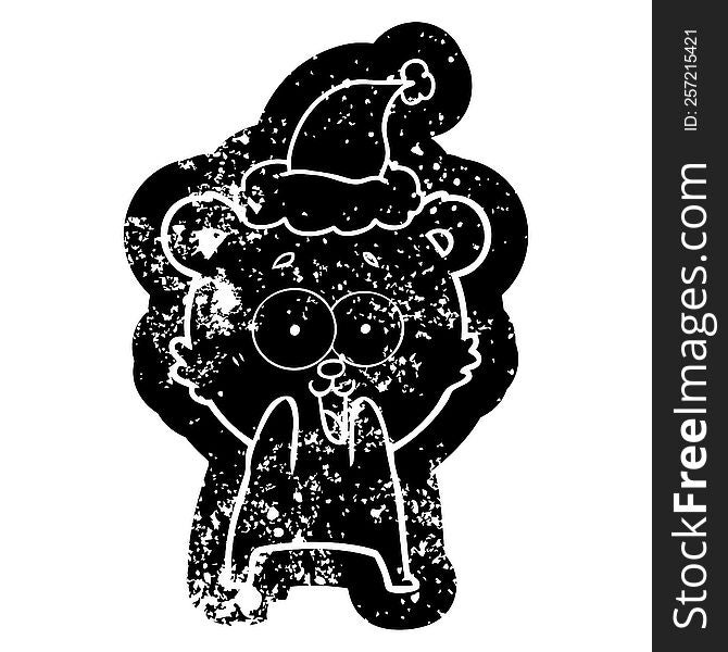 Excited Teddy Bear Cartoon Distressed Icon Of A Wearing Santa Hat