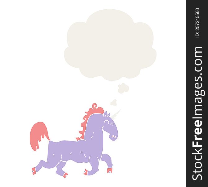 cartoon unicorn with thought bubble in retro style