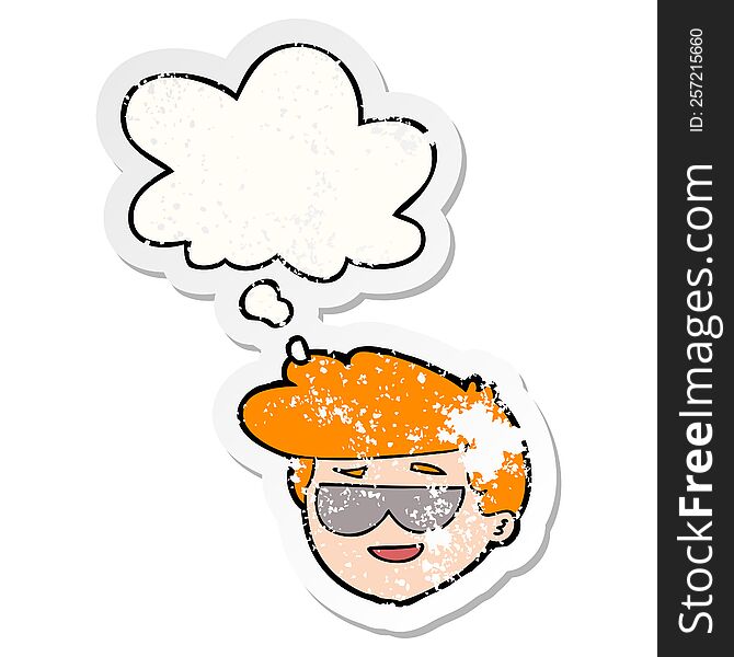 cartoon boy wearing sunglasses with thought bubble as a distressed worn sticker