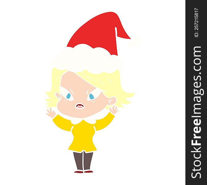 Flat Color Illustration Of A Stressed Woman Wearing Santa Hat