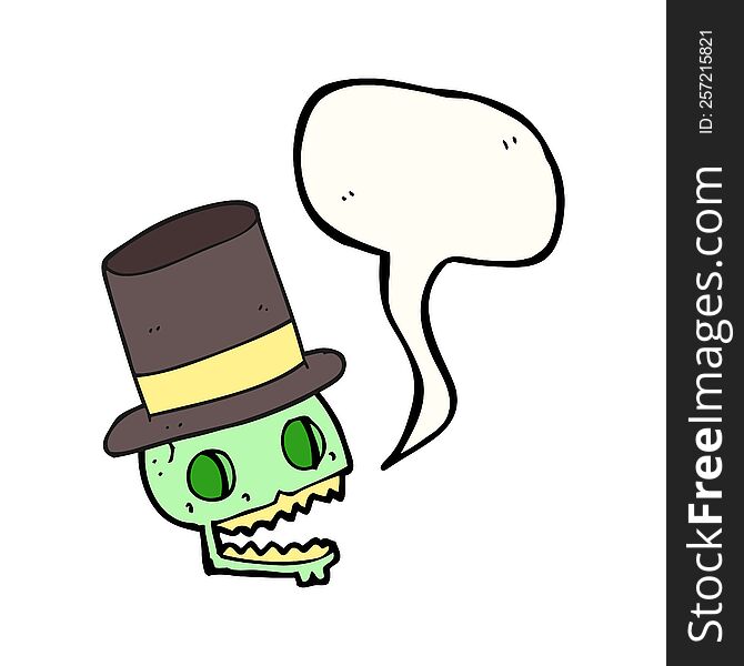 freehand drawn speech bubble cartoon laughing skull in top hat