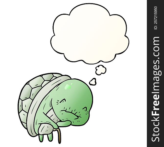 cute cartoon old turtle with thought bubble in smooth gradient style