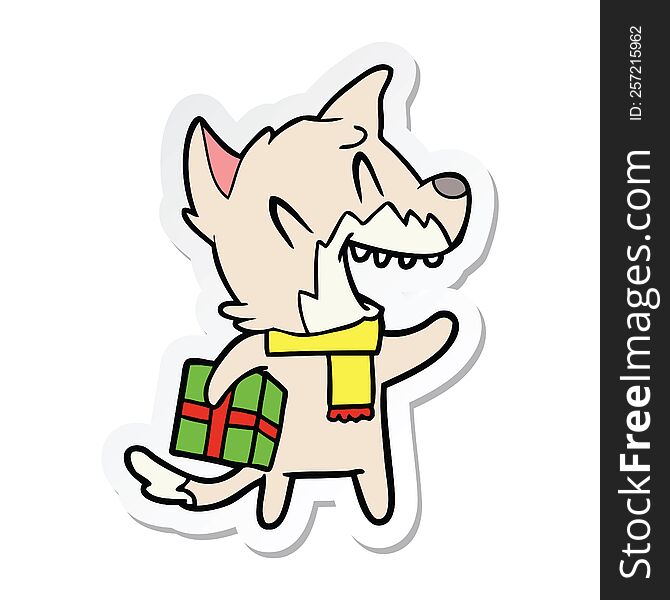 Sticker Of A Laughing Christmas Fox Cartoon
