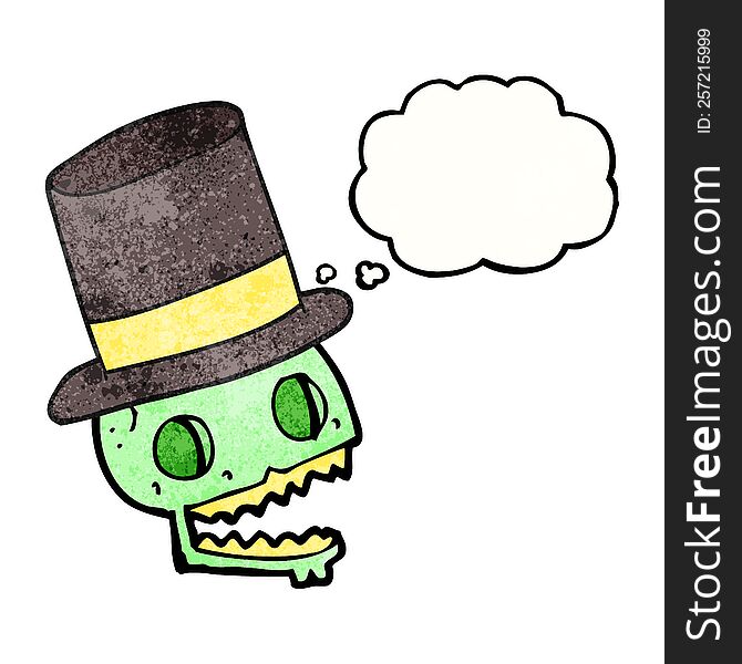 Thought Bubble Textured Cartoon Laughing Skull In Top Hat