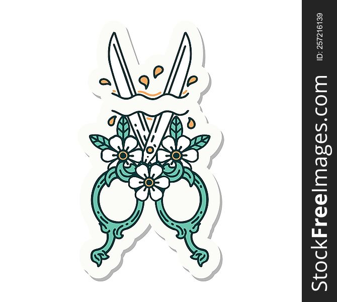 sticker of tattoo in traditional style of barber scissors and flowers. sticker of tattoo in traditional style of barber scissors and flowers