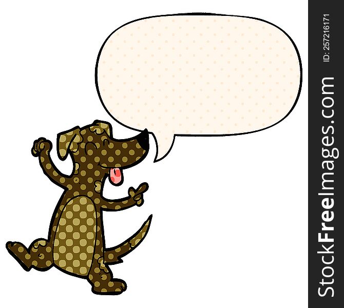 Cartoon Dancing Dog And Speech Bubble In Comic Book Style