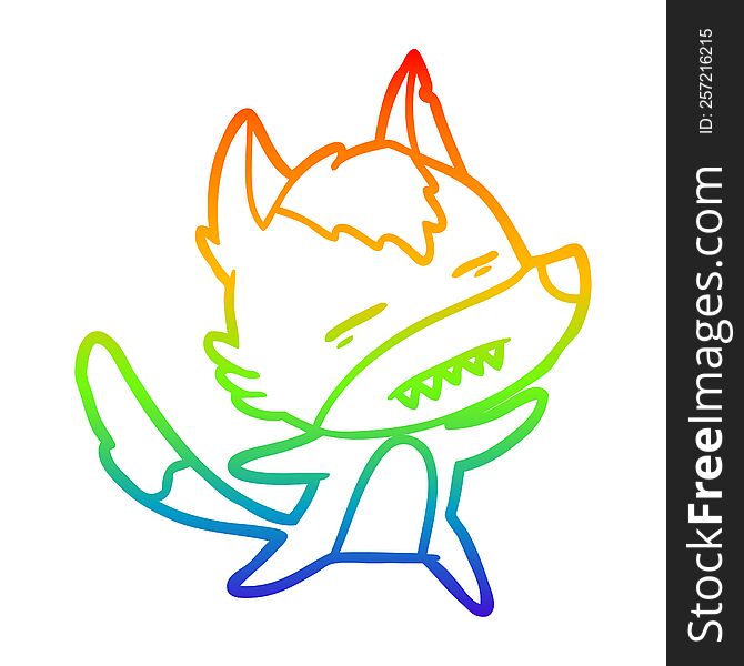 rainbow gradient line drawing of a cartoon wolf showing teeth whilst dancing