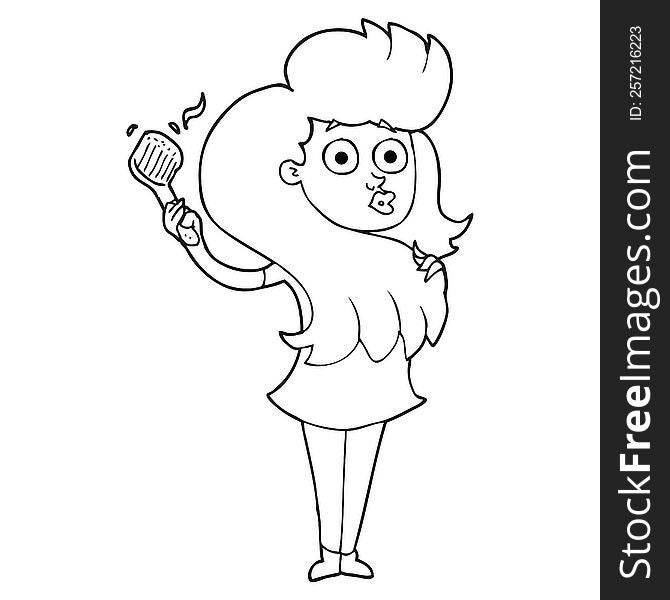 Black And White Cartoon Woman Brushing Hair