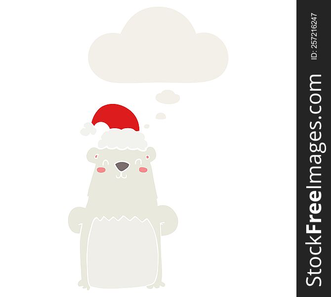 Cartoon Bear Wearing Christmas Hat And Thought Bubble In Retro Style