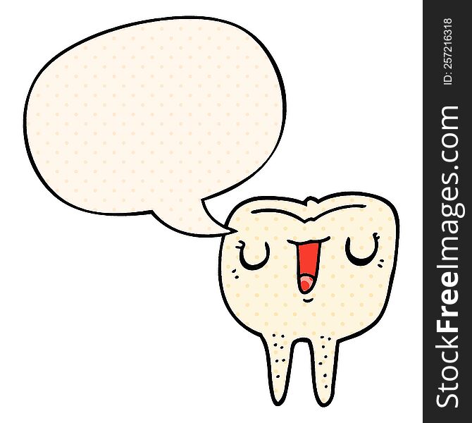 cartoon happy tooth with speech bubble in comic book style