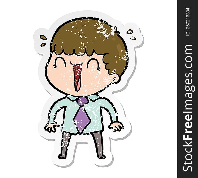 distressed sticker of a laughing cartoon man in shirt and tie
