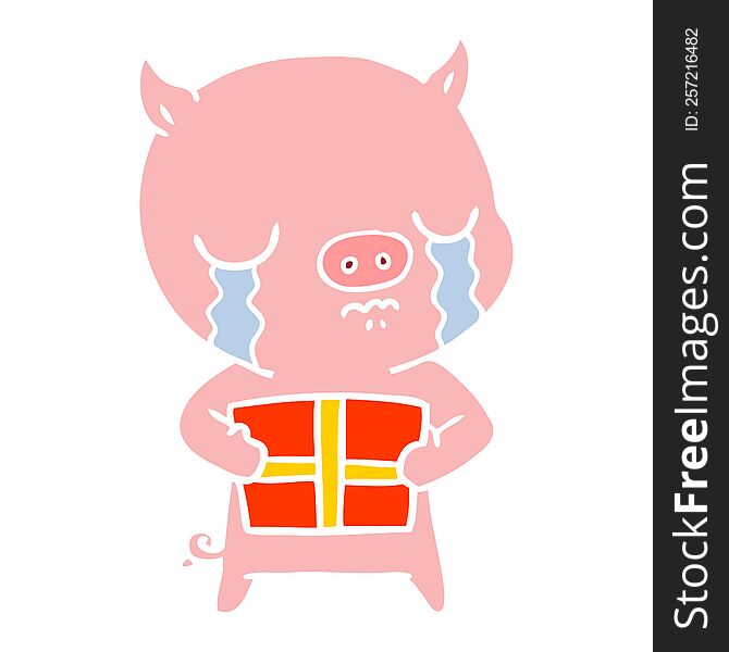 Flat Color Style Cartoon Pig Crying Over Christmas Present