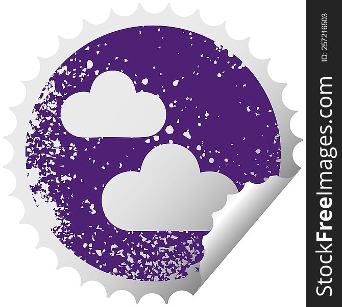 distressed circular peeling sticker symbol of a snow cloud