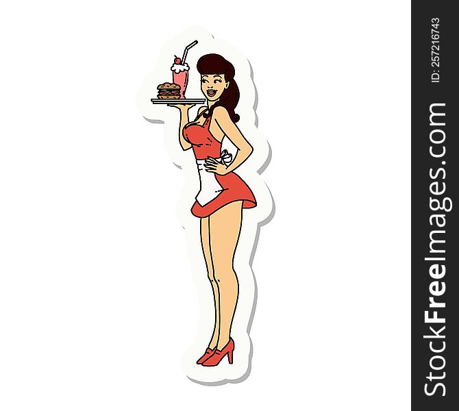 sticker of tattoo in traditional style of a pinup waitress girl. sticker of tattoo in traditional style of a pinup waitress girl