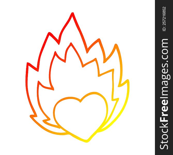 warm gradient line drawing of a cartoon flaming heart