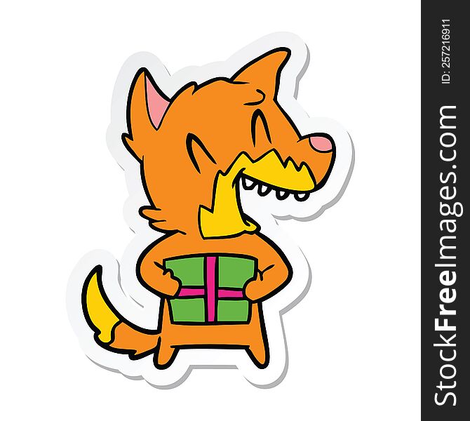 Sticker Of A Laughing Christmas Fox Cartoon