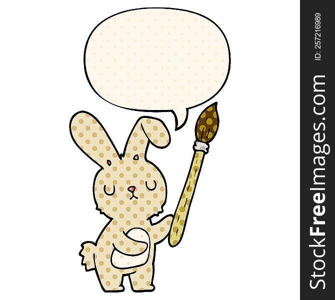 Cartoon Rabbit And Paint Brush And Speech Bubble In Comic Book Style