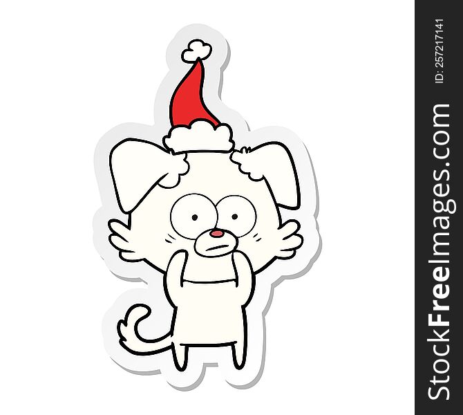 nervous dog hand drawn sticker cartoon of a wearing santa hat. nervous dog hand drawn sticker cartoon of a wearing santa hat