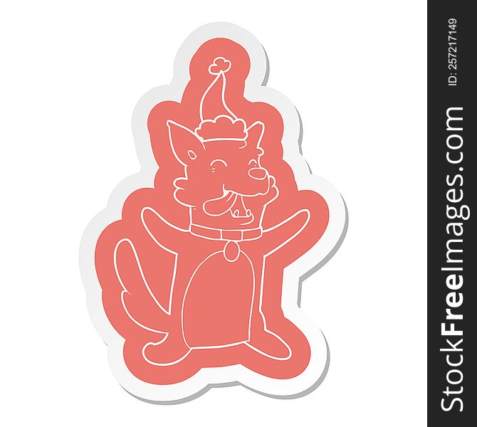 Cartoon  Sticker Of A Happy Dog Wearing Santa Hat