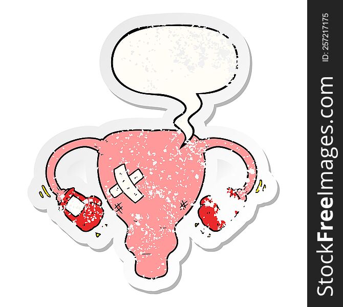 cartoon beat up uterus and boxing gloves and speech bubble distressed sticker