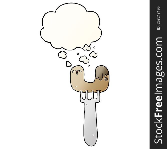 Cartoon Sausage On Fork And Thought Bubble In Smooth Gradient Style