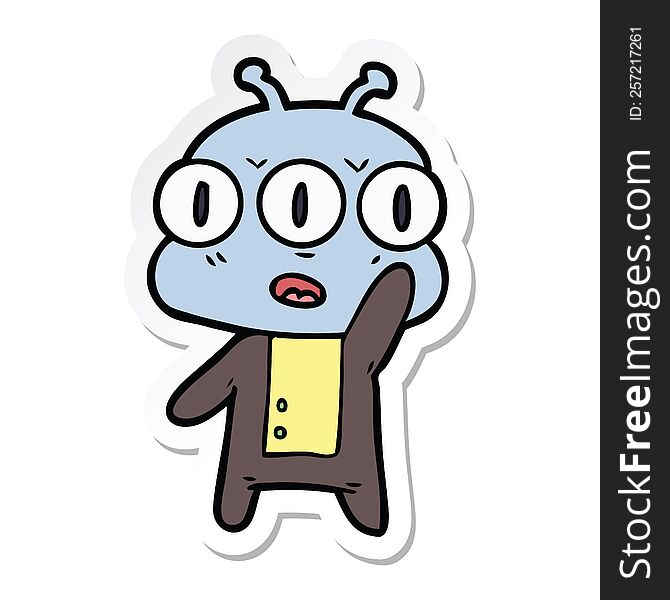 sticker of a cartoon three eyed alien waving