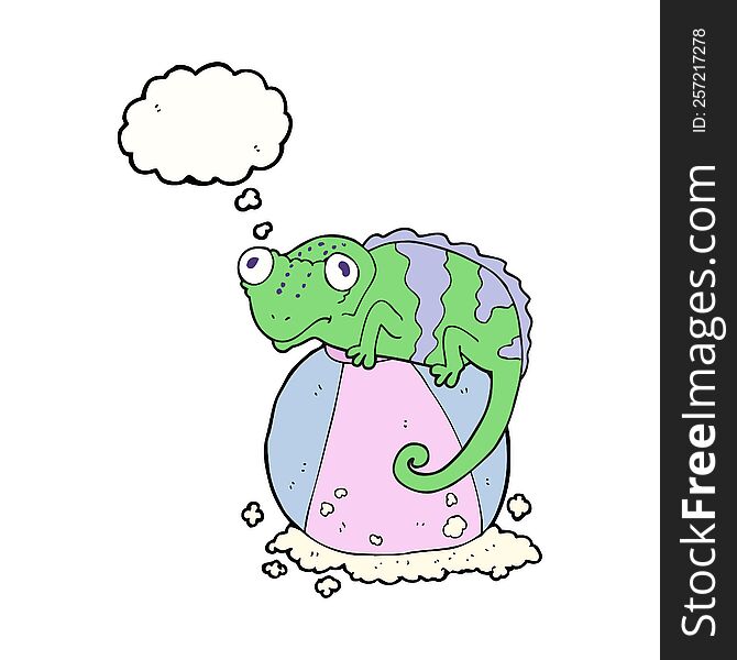 freehand drawn thought bubble cartoon chameleon on ball