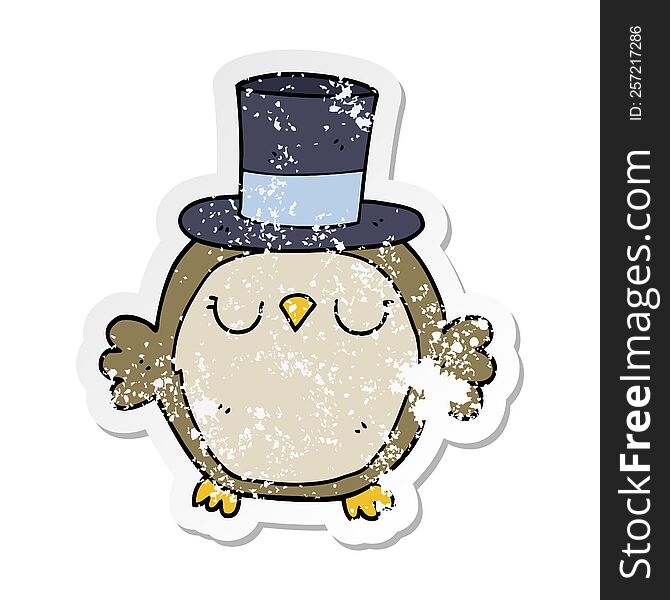 distressed sticker of a cartoon owl wearing top hat