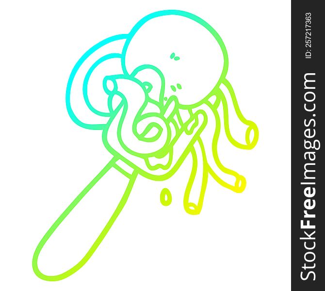 Cold Gradient Line Drawing Cartoon Spaghetti And Meatballs On Fork