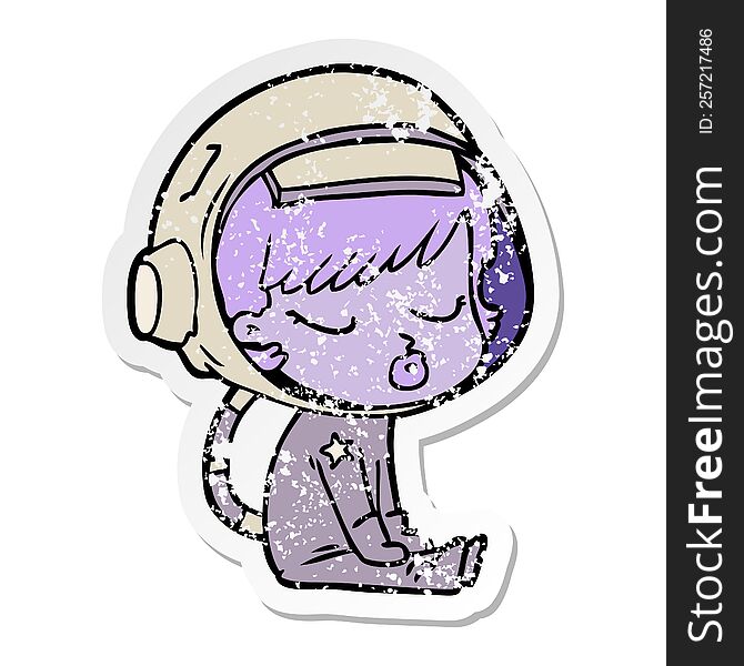 distressed sticker of a cartoon pretty astronaut girl sitting waiting
