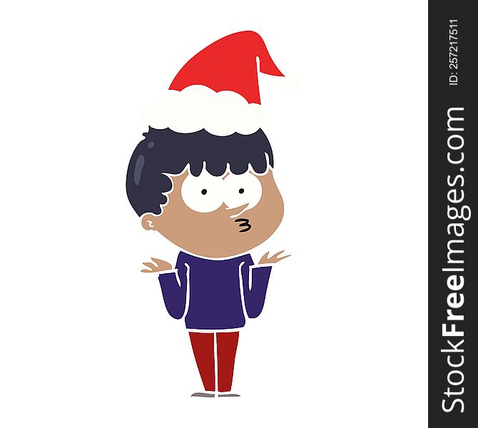 Flat Color Illustration Of A Curious Boy Shrugging Shoulders Wearing Santa Hat