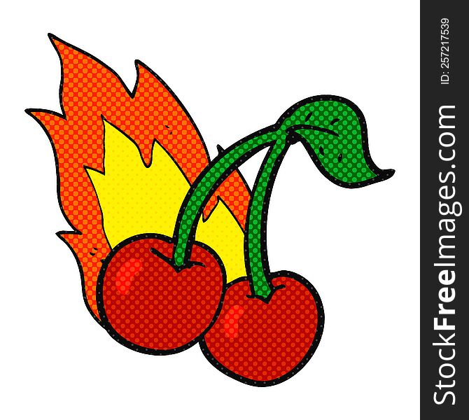 comic book style cartoon flaming cherries