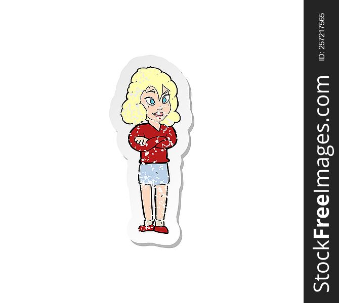 Retro Distressed Sticker Of A Cartoon Woman With Crossed Arms