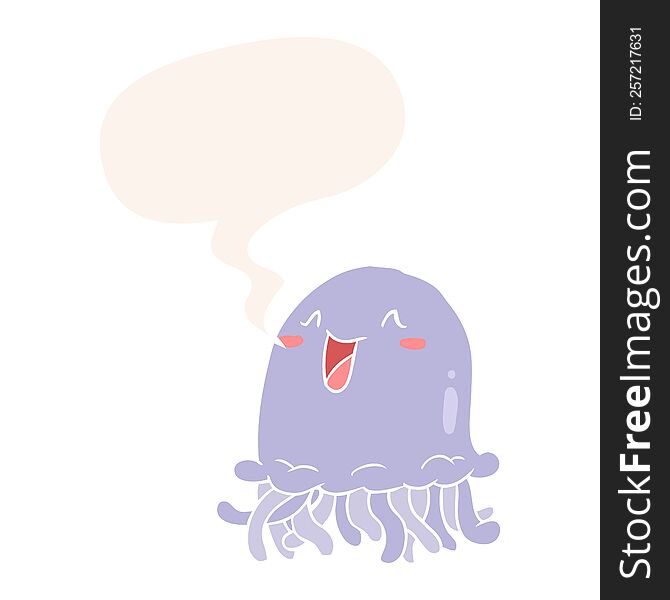 Happy Cartoon Jellyfish And Speech Bubble In Retro Style