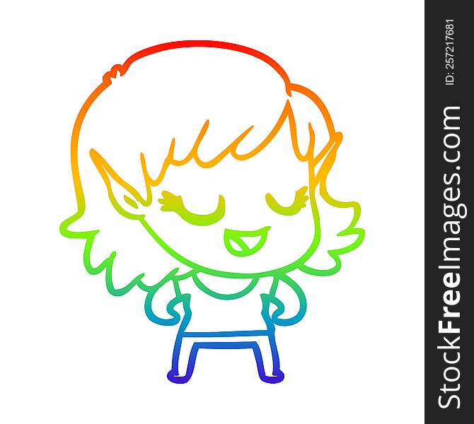 rainbow gradient line drawing of a happy cartoon elf girl