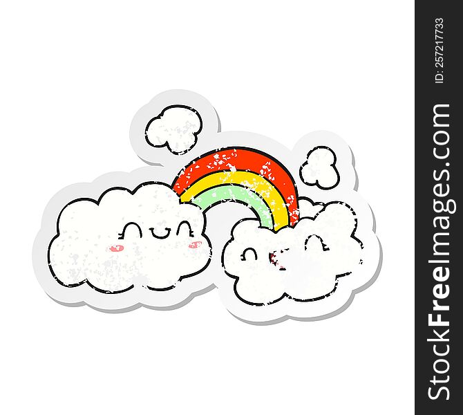 distressed sticker of a happy cartoon clouds and rainbow