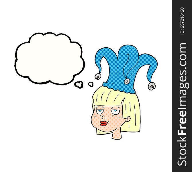 freehand drawn thought bubble cartoon female face with jester hat. freehand drawn thought bubble cartoon female face with jester hat